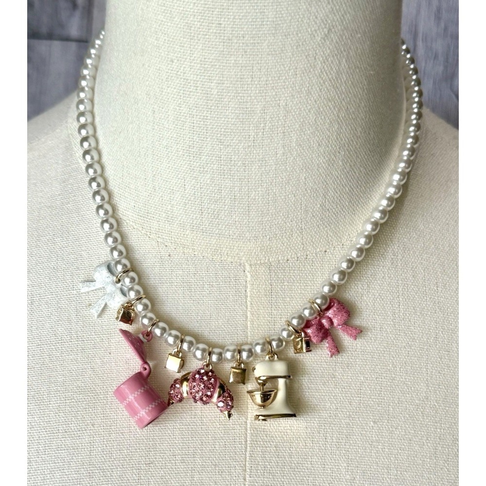 Betsey Johnson Pink BabyCakes Mixer Necklace Sugar Bows Faux Pearls Baking Charm